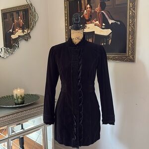 WHBM Velvet Coat Dark Academia Gothic Black Holiday Ruffle Cotton satin XS 0 2